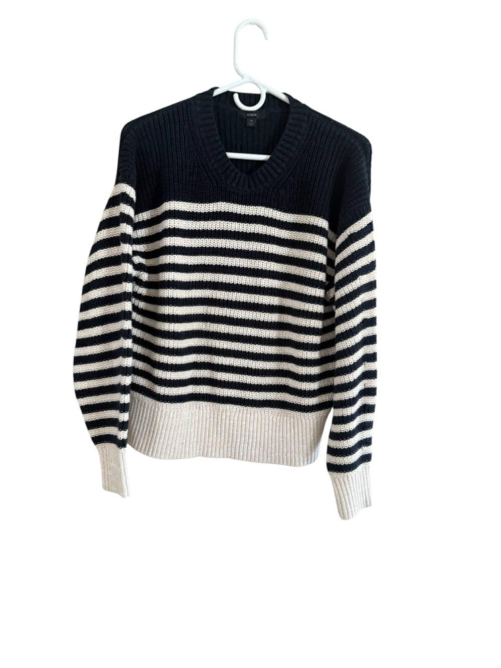 Women's J.Crew Striped V-Neck Sweater, Size M, Black and Beige - Picture 8 of 9